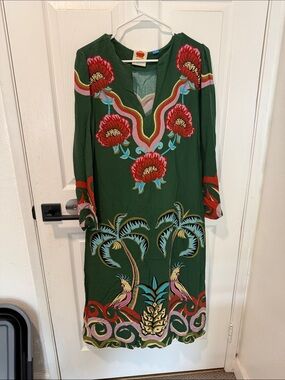 Farm by Anthropologie Green Floral-Print Long Sleeve Dress